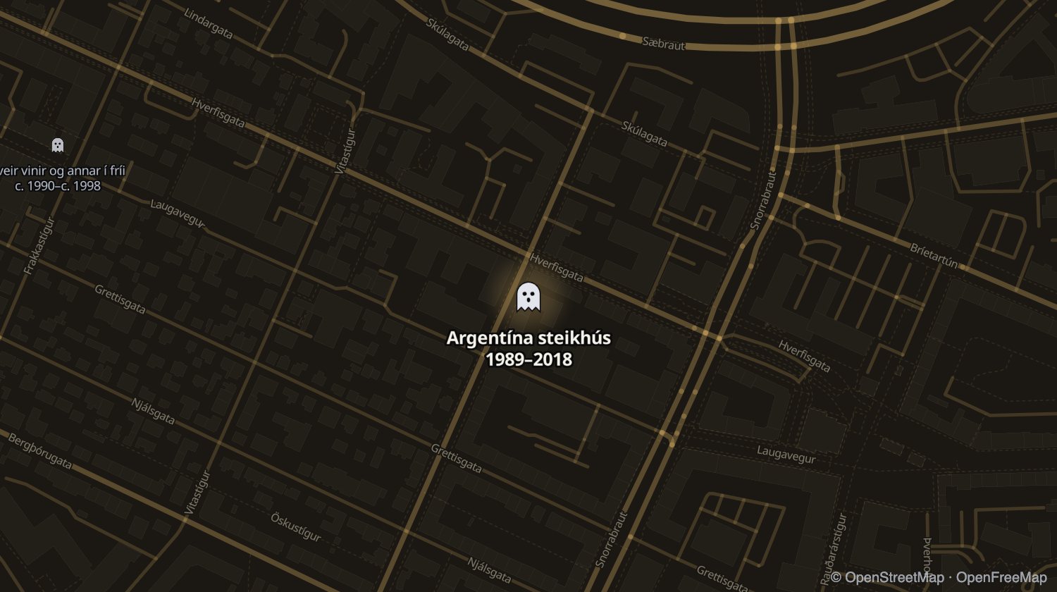 Kort af Argentína steikhús og öðrum stöðum sem voru opnir á sama tíma
