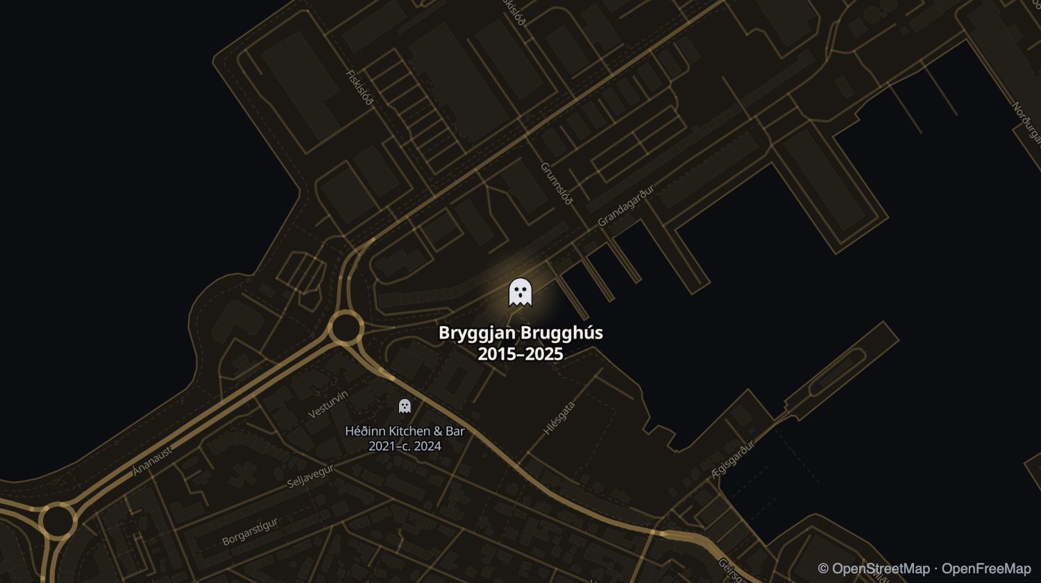 Kort af Bryggjan Brugghús og öðrum stöðum sem voru opnir á sama tíma