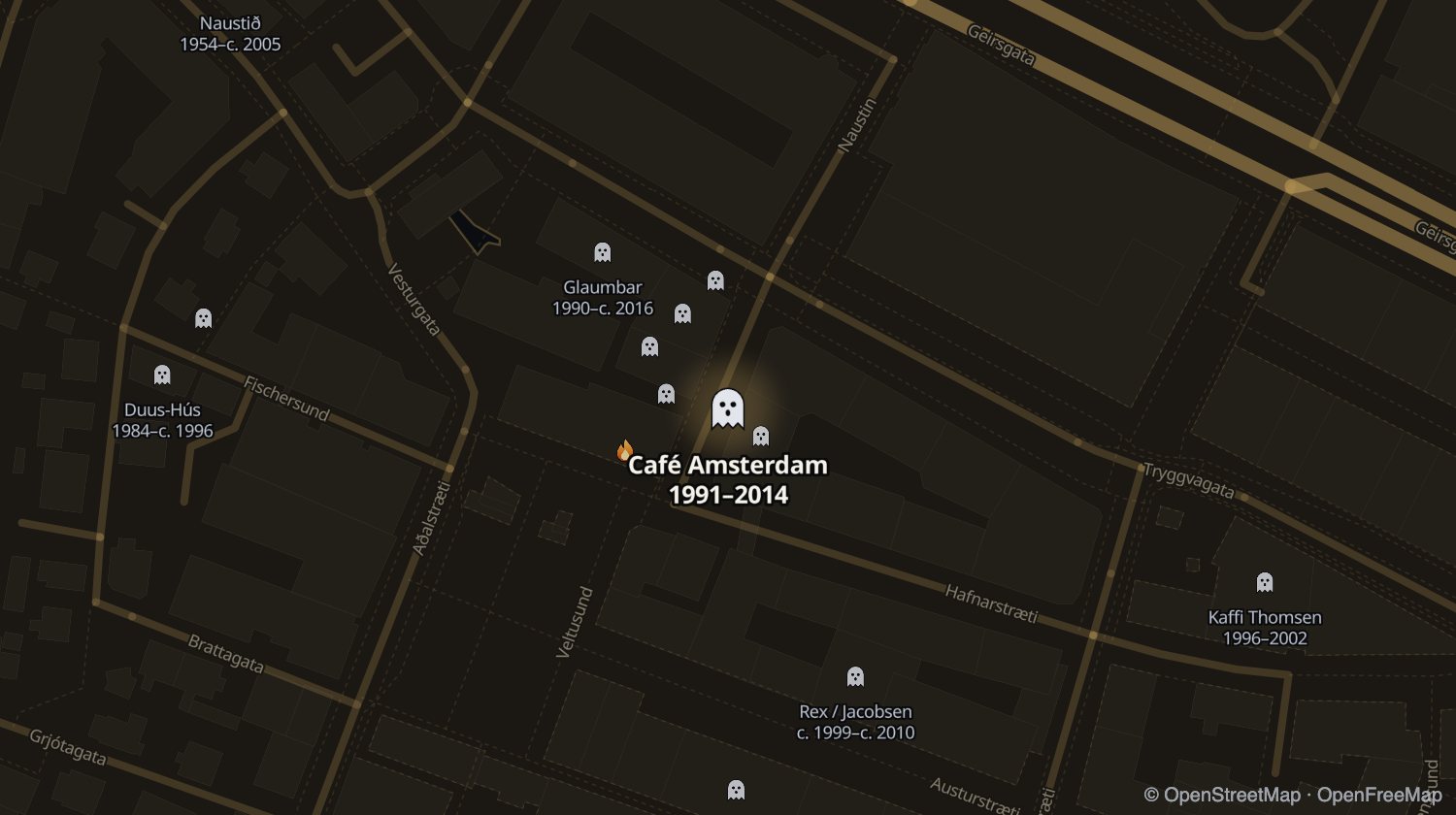 Kort af Café Amsterdam og öðrum stöðum sem voru opnir á sama tíma