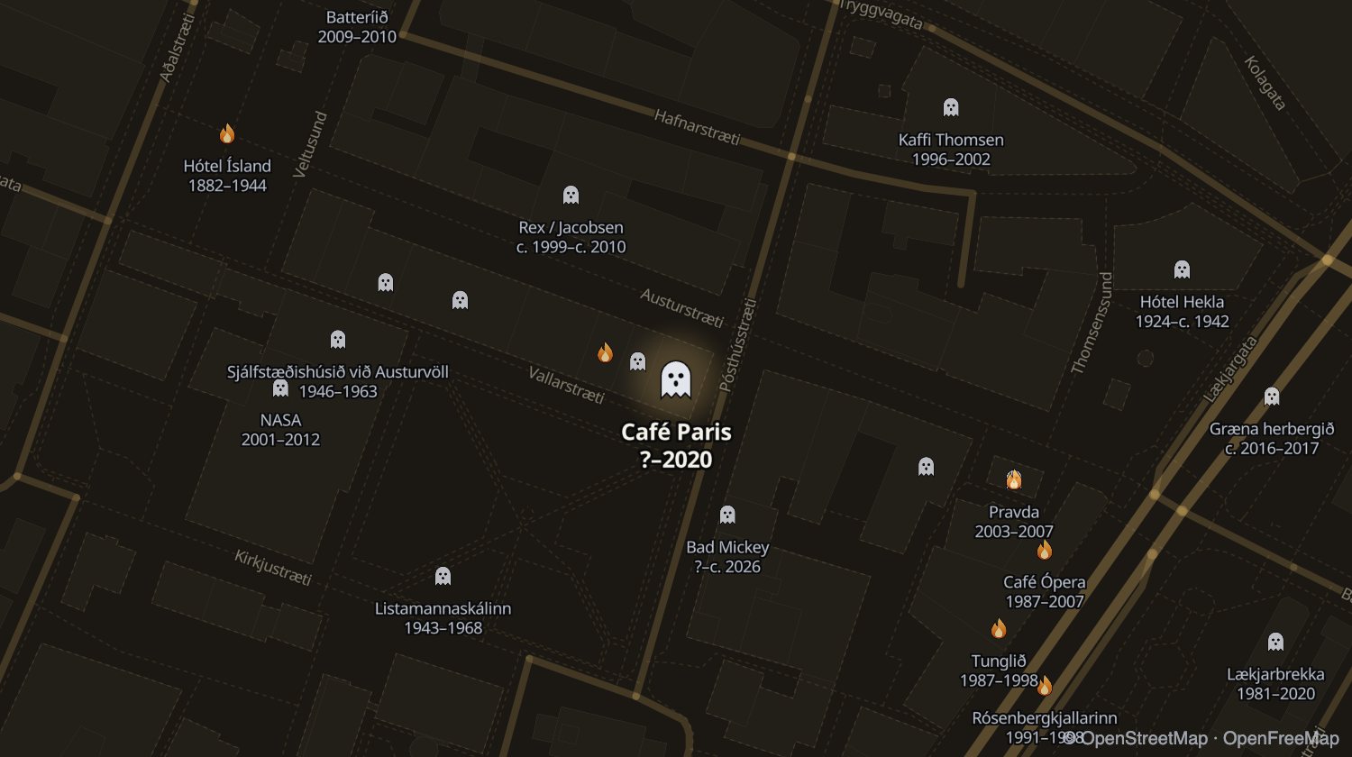 Kort af Café Paris og öðrum stöðum sem voru opnir á sama tíma