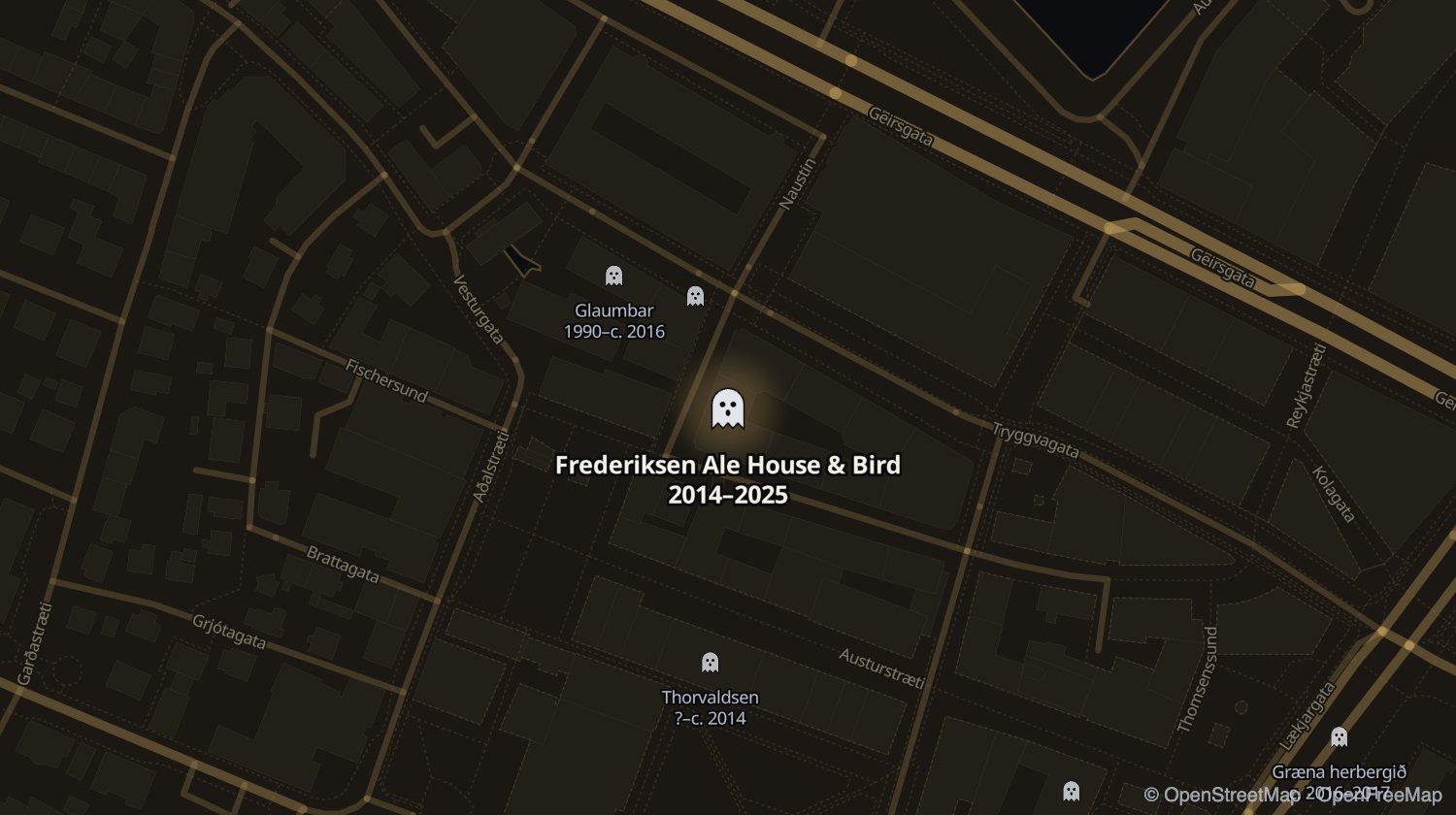 Kort af Frederiksen Ale House & Bird og öðrum stöðum sem voru opnir á sama tíma