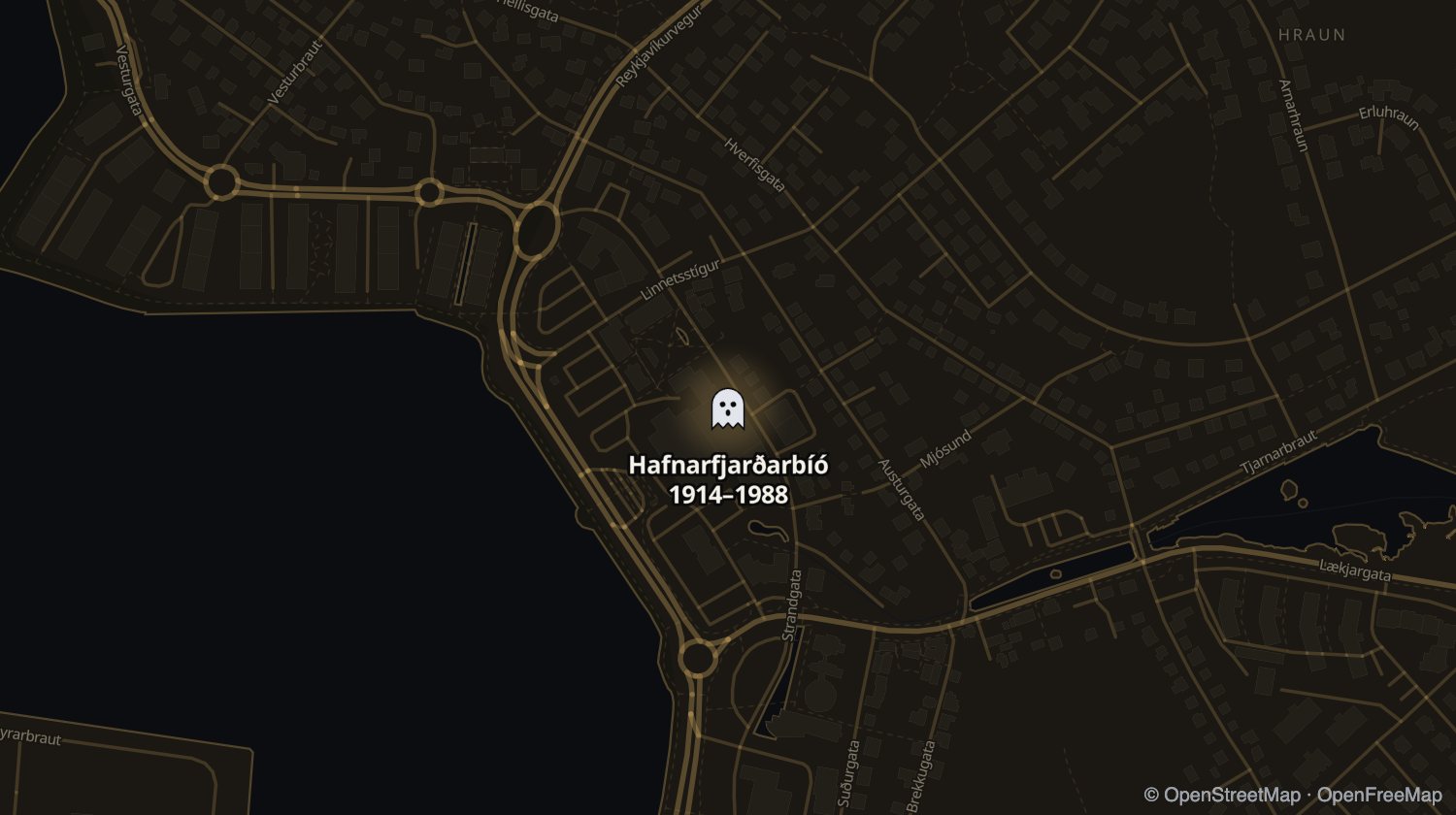 Kort af Hafnarfjarðarbíó og öðrum stöðum sem voru opnir á sama tíma