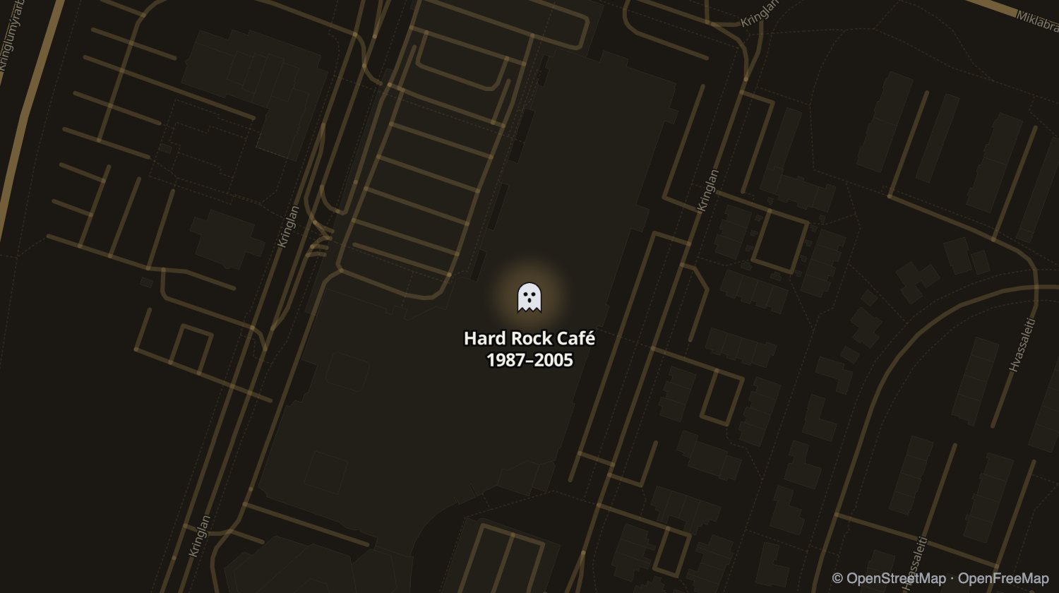 Kort af Hard Rock Café (Kringlan) og öðrum stöðum sem voru opnir á sama tíma