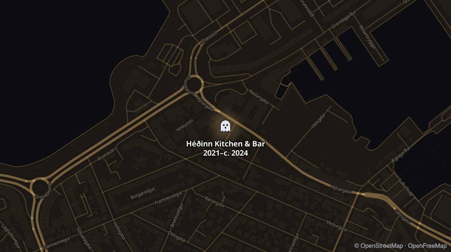 Kort af Héðinn Kitchen & Bar og öðrum stöðum sem voru opnir á sama tíma