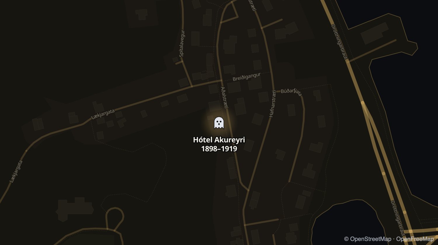 Kort af Hótel Akureyri og öðrum stöðum sem voru opnir á sama tíma