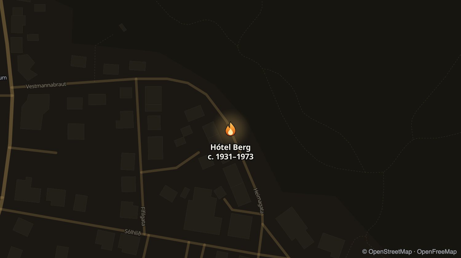 Kort af Hótel Berg og öðrum stöðum sem voru opnir á sama tíma