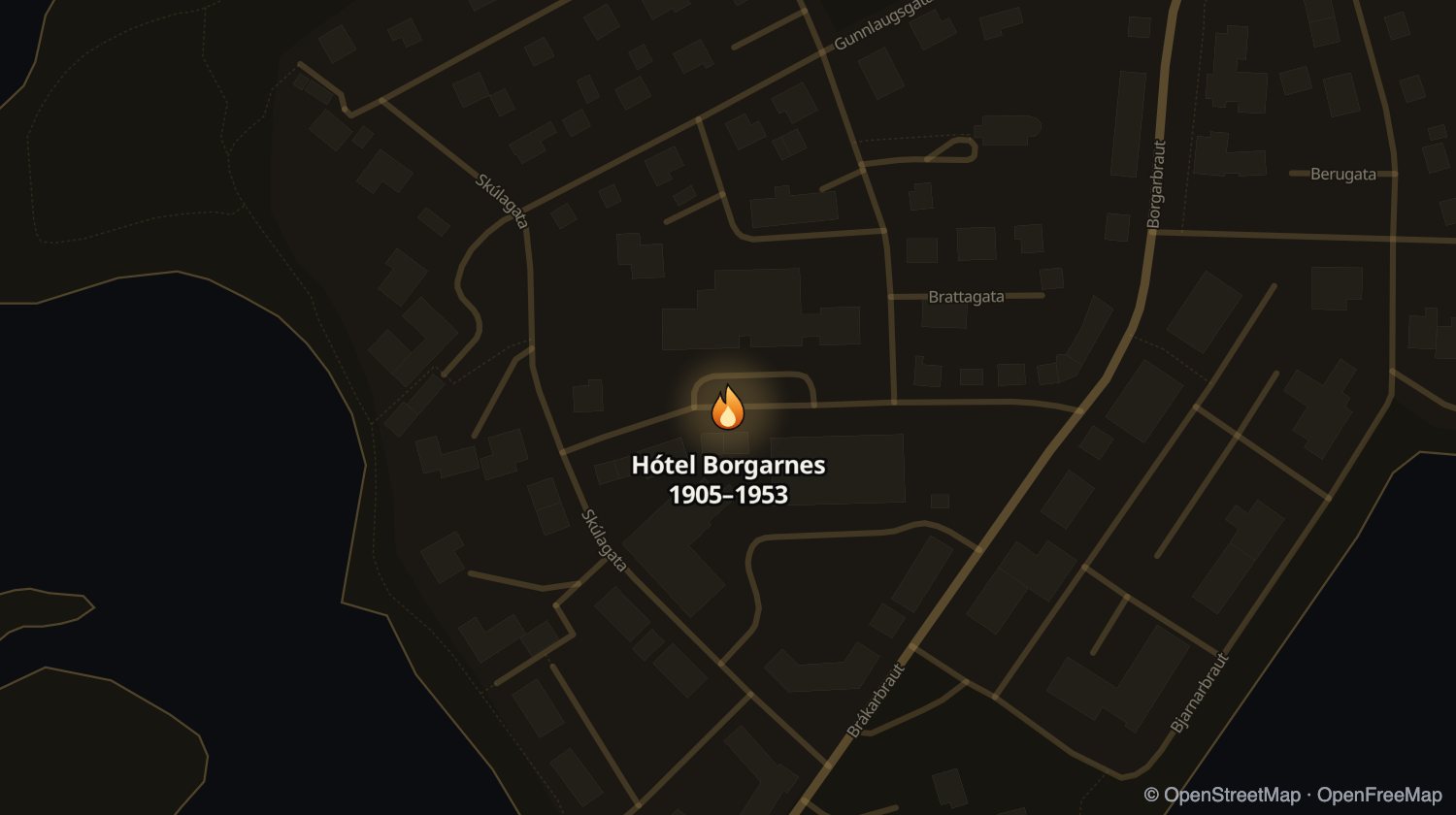 Kort af Hótel Borgarnes (the old timber hotel) og öðrum stöðum sem voru opnir á sama tíma