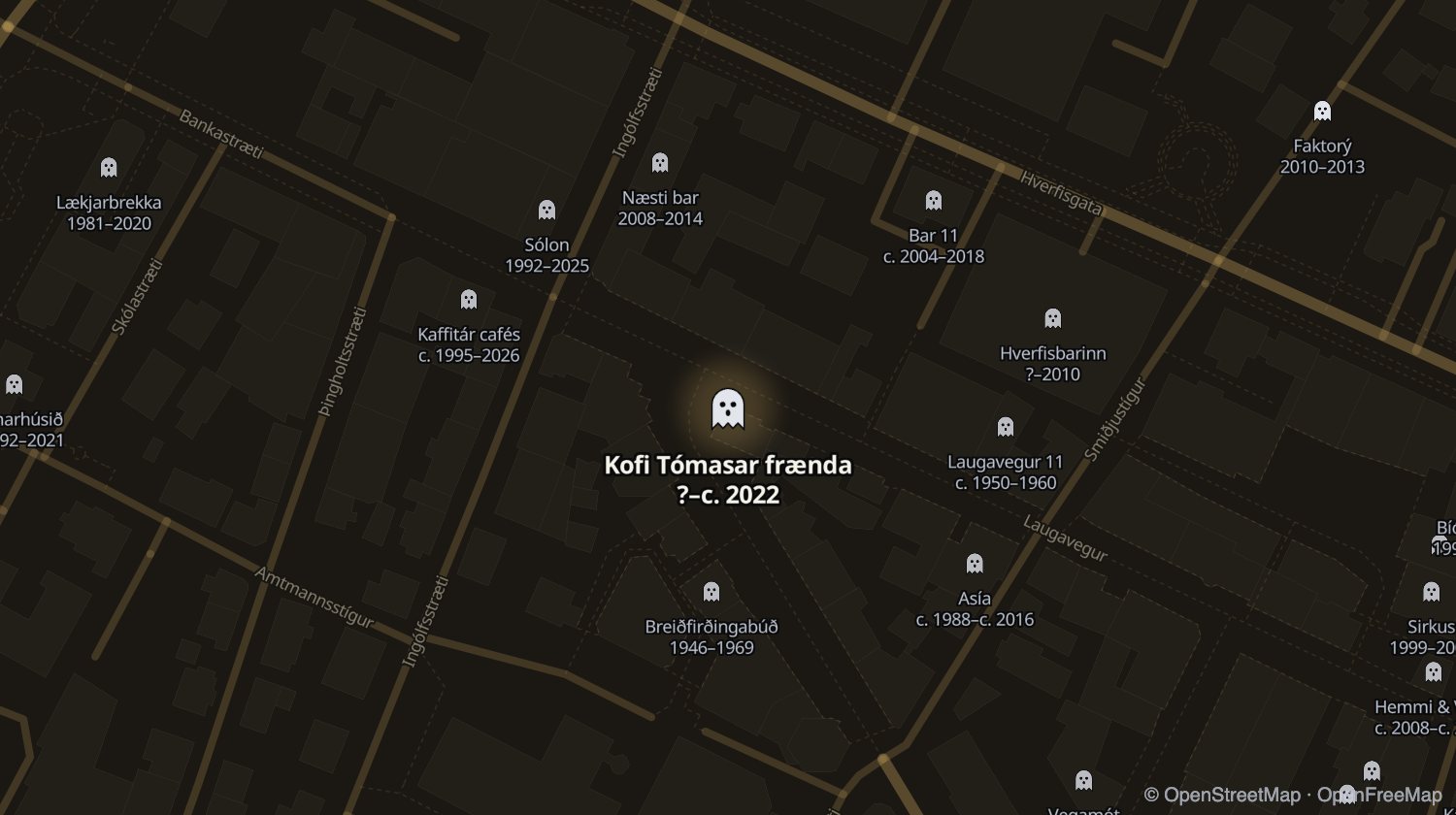 Kort af Kofi Tómasar frænda (Kofinn) og öðrum stöðum sem voru opnir á sama tíma