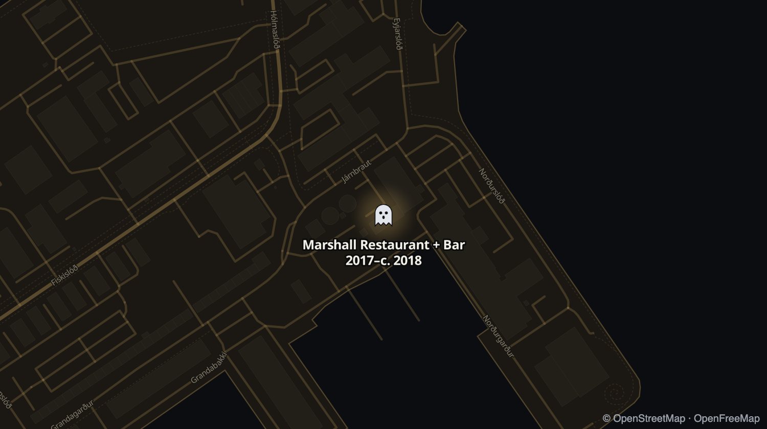 Kort af Marshall Restaurant + Bar og öðrum stöðum sem voru opnir á sama tíma