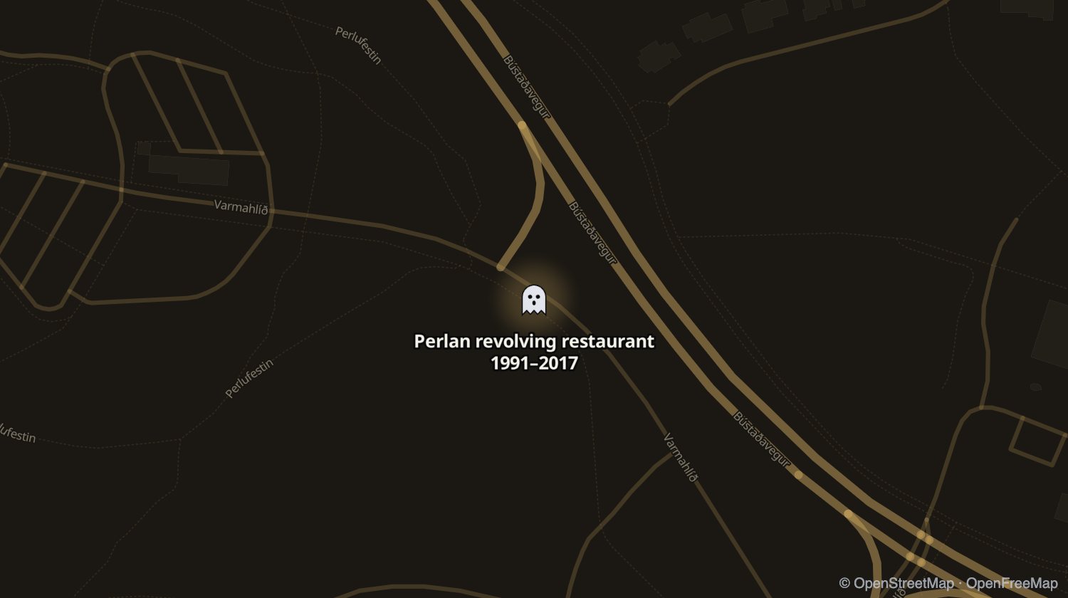 Kort af Perlan revolving restaurant og öðrum stöðum sem voru opnir á sama tíma