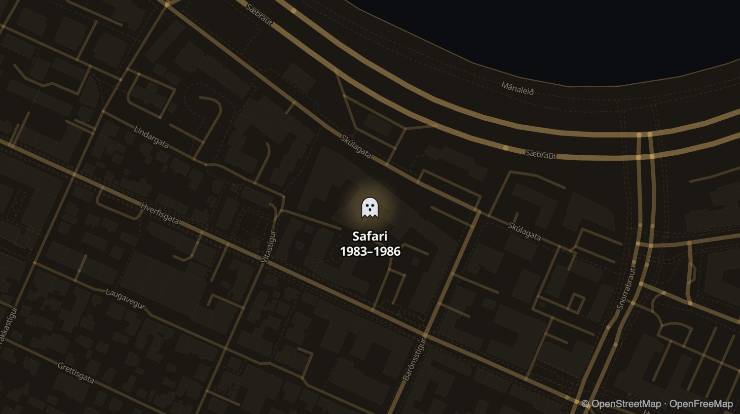 Kort af Safari (later Roxzý, Casablanca) og öðrum stöðum sem voru opnir á sama tíma