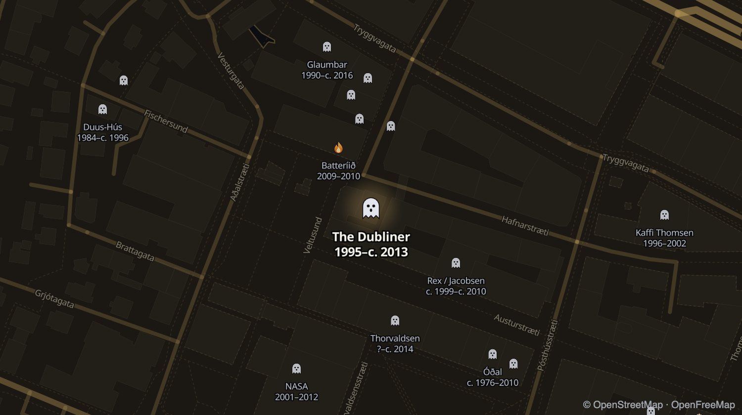 Kort af The Dubliner (Hafnarstræti 4) og öðrum stöðum sem voru opnir á sama tíma