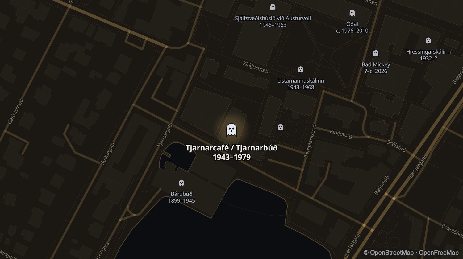 Kort af Tjarnarcafé / Tjarnarbúð (Oddfellowhúsið) og öðrum stöðum sem voru opnir á sama tíma